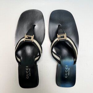Vintage GUCCI Women's Striped Canvas Sandals With Gold "G" Women's Size 8.5 NEW